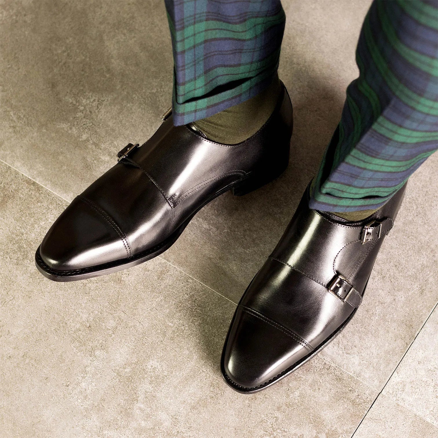 Black Goodyear Welted Double Monk Strap