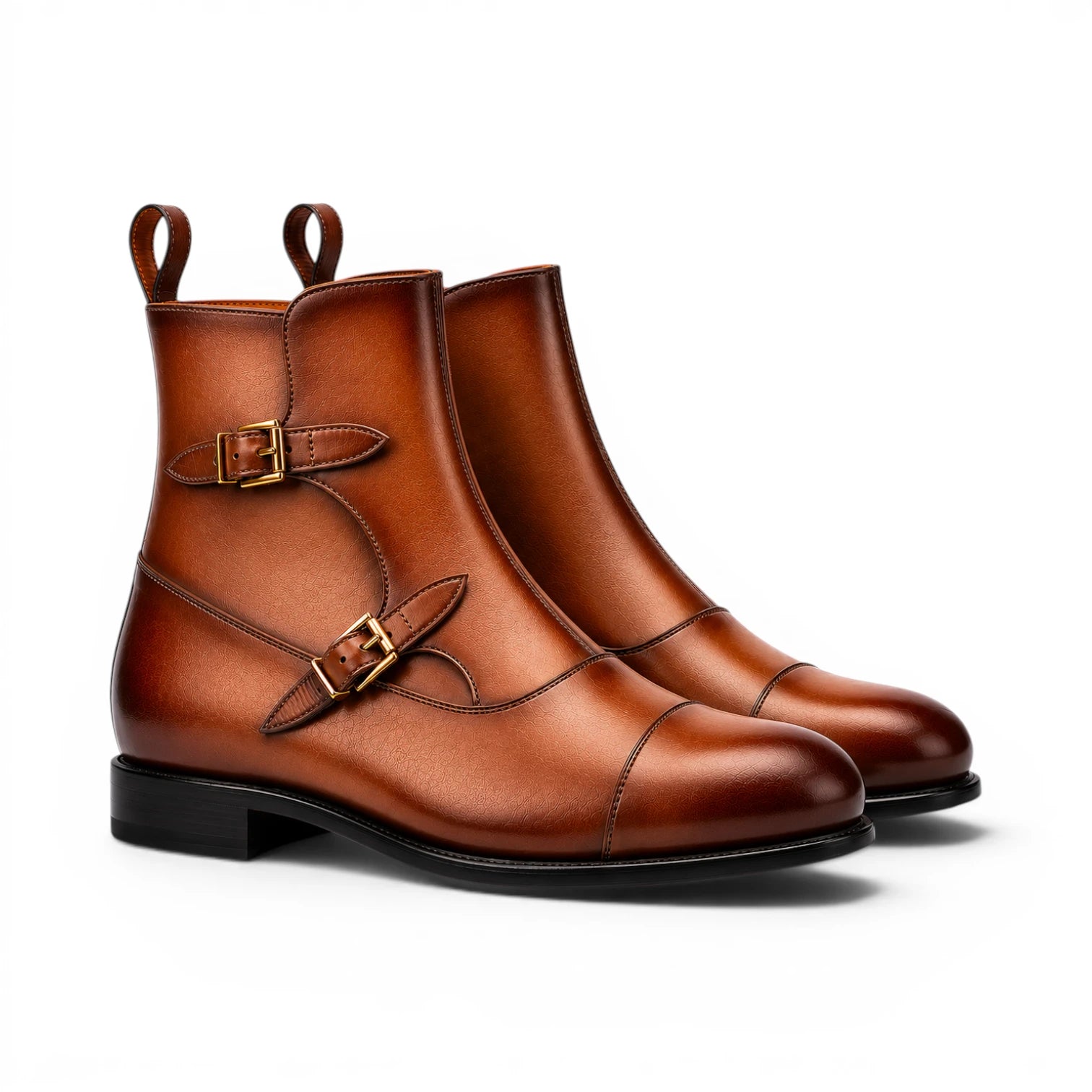 Cognac Zip Buckle Boots