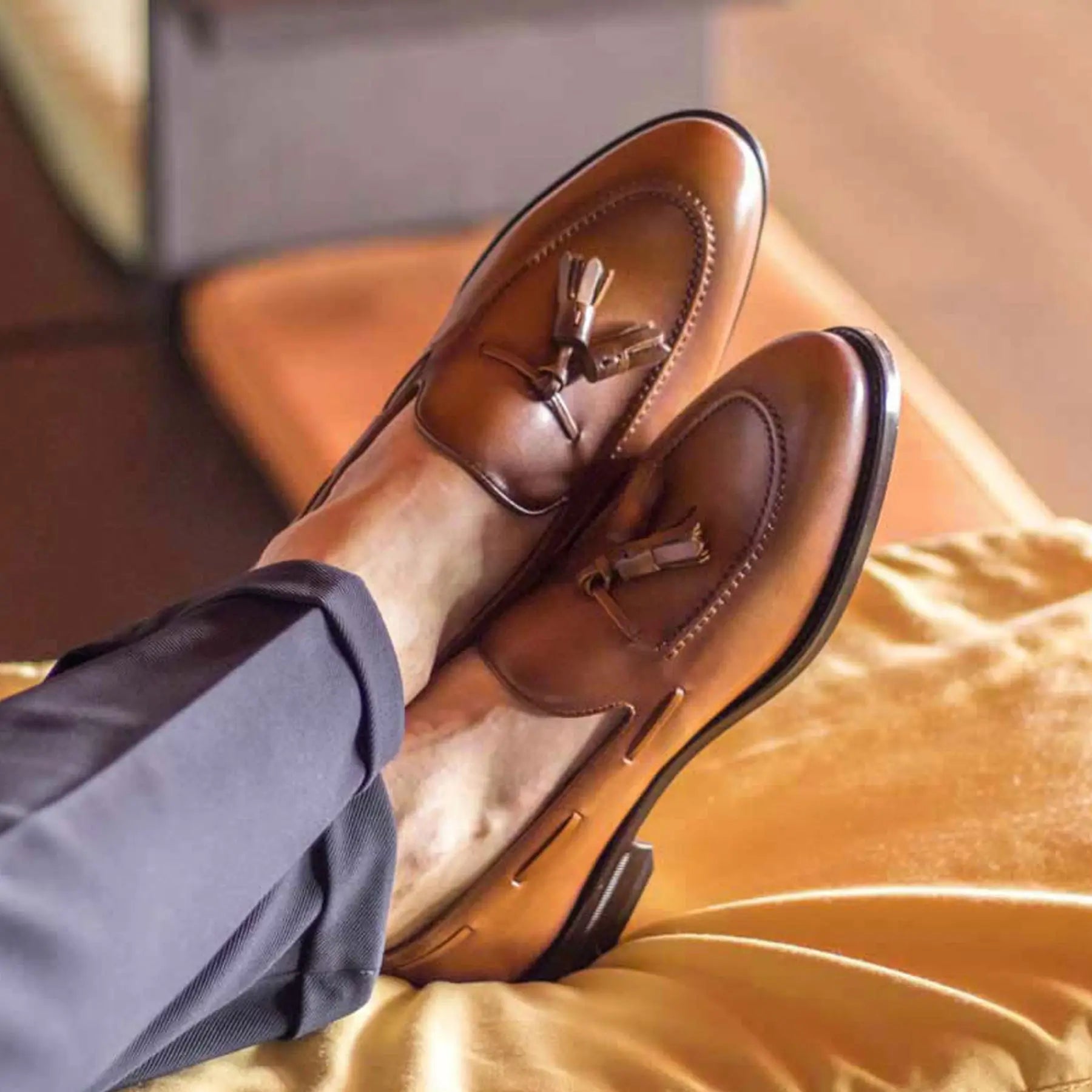 Tan Burnished Leather Loafers